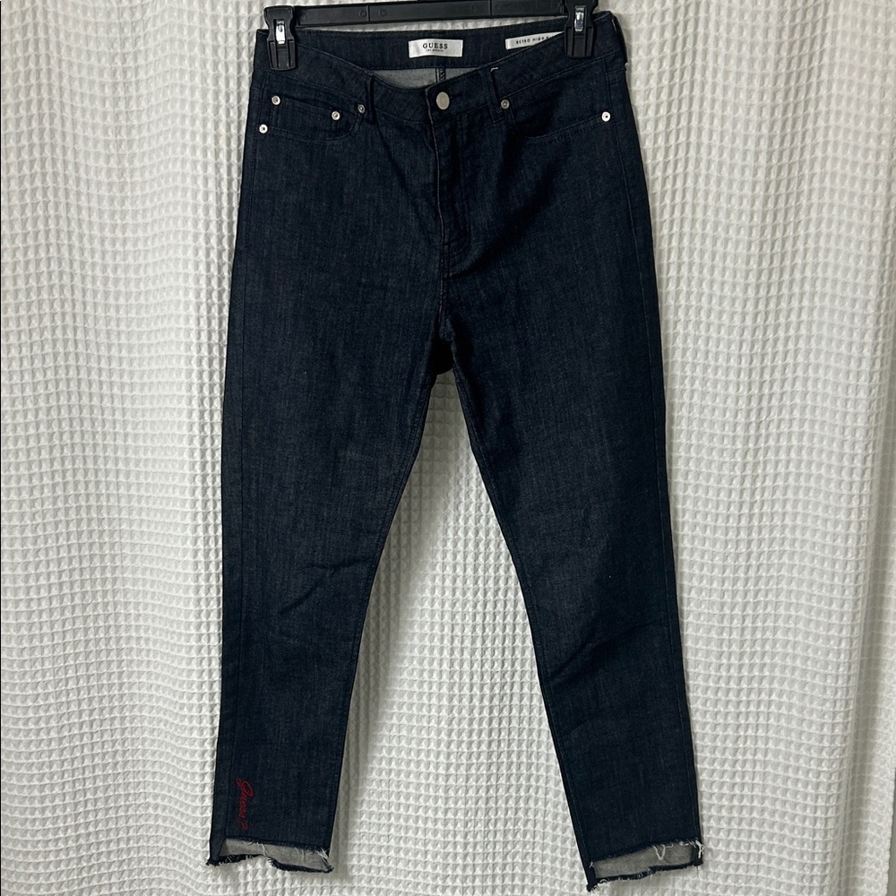Guess Retro High Rise Embroidered Raw Hem Jeans Size 29 Denim